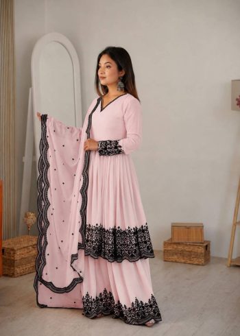 RICH LOOK GEORGETTE EMBROIDERY & THREAD WORK TOP PALAZZO WITH DUPATTA BABY PINK