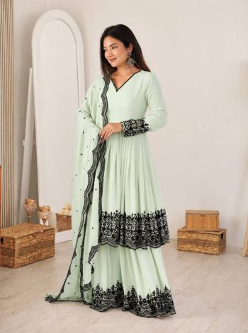 RICH LOOK GEORGETTE EMBROIDERY & THREAD WORK TOP PALAZZO WITH DUPATTA SEA GREEN