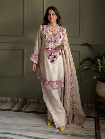 RICH LOOK GEORGETTE EMBROIDERY THREAD WORK TOP PATIYALA WITH DUPATTA OFF WHITE AND PINK