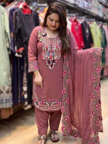 RICH LOOK GEORGETTE EMBROIDERY THREAD WORK TOP PATIYALA WITH DUPATTA PEACH