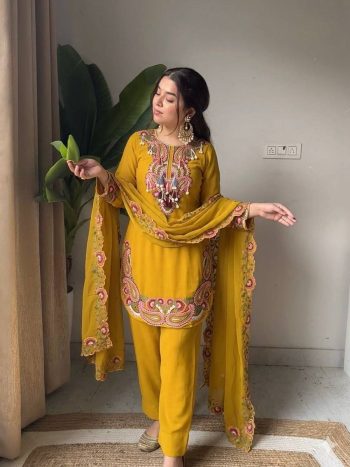 RICH LOOK GEORGETTE EMBROIDERY THREAD WORK TOP PATIYALA WITH DUPATTA YELLOW