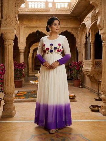 RICH LOOK GEORGETTE EMBROIDERY WOOLEN THREAD WORK GOWN WHITE AND PURPLE