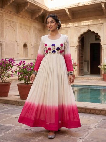 RICH LOOK GEORGETTE EMBROIDERY WOOLEN THREAD WORK GOWN WHITE AND RANI