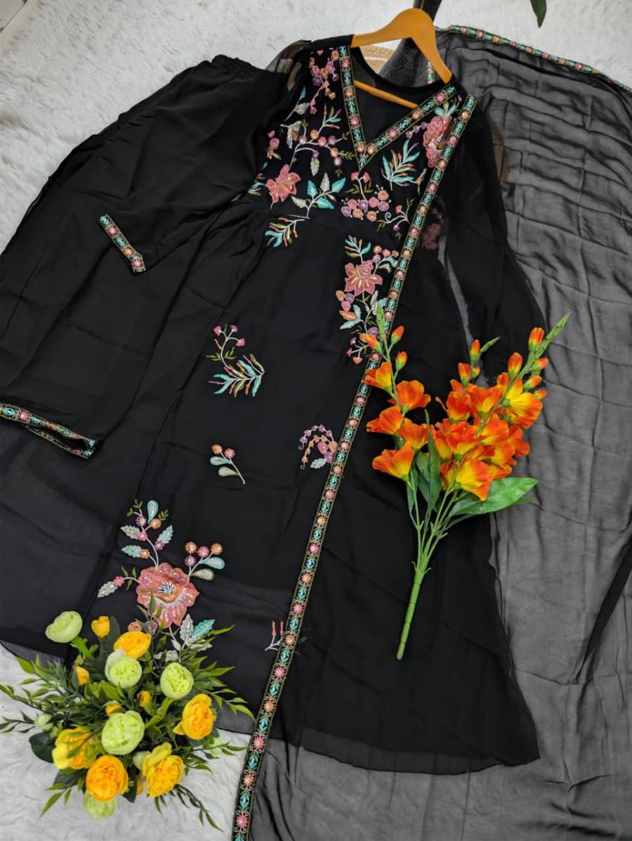 RICH LOOK GEORGETTE EMBROIDERY WORK TOP BOTTOM WITH DUPATTA FESTIVE WEAR WHOLESALE PRICE ETHNIC GARMENT (17)