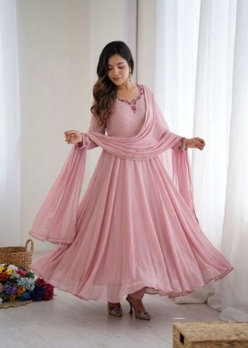 RICH LOOK GEORGETTE HANDWORK GOWN BOTTOM WITH DUPATTA BABY PINK