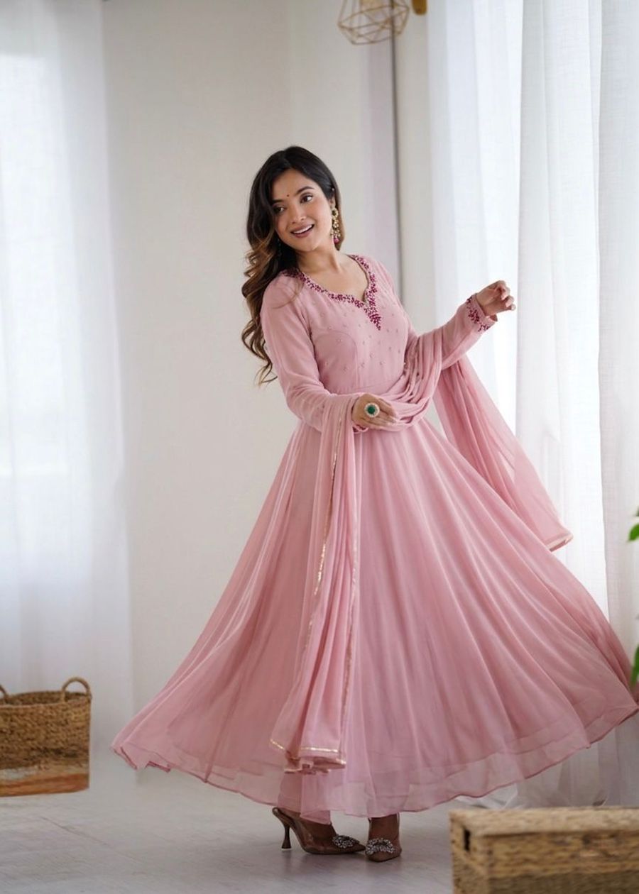 RICH LOOK GEORGETTE HANDWORK GOWN BOTTOM WITH DUPATTA FESTIVE WEAR WHOLESALE PRICE ETHNIC GARMENT (3)