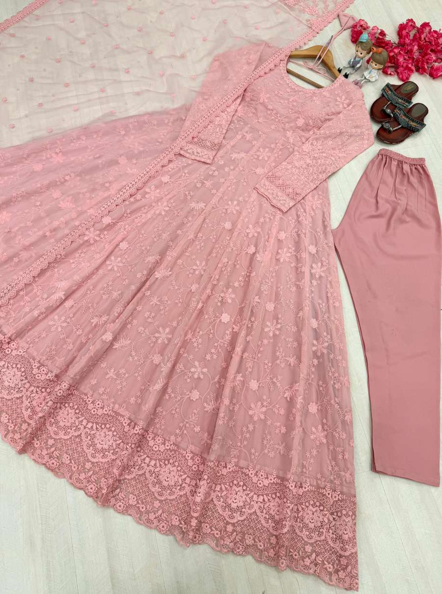 RICH LOOK GEORGETTE & ORGANZA EMBROIDERY WORK GOWN BOTTOM WITH DUPATTA RECEPTION WEAR WHOLESALE PRICE ETHNIC GARMENT (12)
