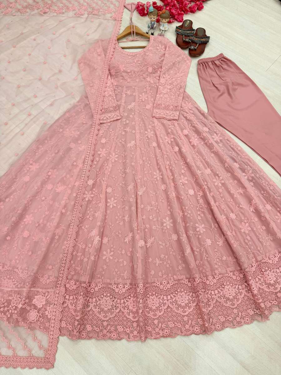 RICH LOOK GEORGETTE & ORGANZA EMBROIDERY WORK GOWN BOTTOM WITH DUPATTA RECEPTION WEAR WHOLESALE PRICE ETHNIC GARMENT (15)