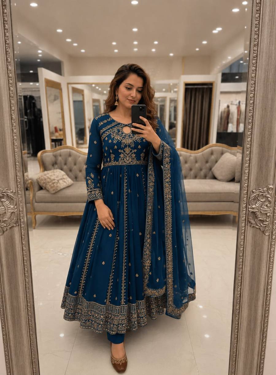 RICH LOOK GEORGETTE SEQUENCE AND ZARI WORK WITH FANCY LACE WORK GOWN BOTTOM WITH DUPATTA FESTIVE WEAR WHOLESALE PRICE ETHNIC GARMENT (10)