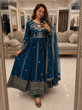 RICH LOOK GEORGETTE SEQUENCE  AND ZARI WORK WITH FANCY LACE WORK GOWN BOTTOM WITH DUPATTA BLUE