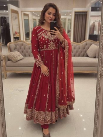 RICH LOOK GEORGETTE SEQUENCE  AND ZARI WORK WITH FANCY LACE WORK GOWN BOTTOM WITH DUPATTA RED