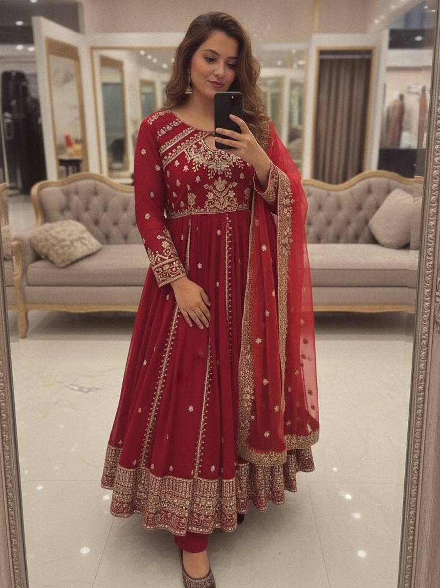 RICH LOOK GEORGETTE SEQUENCE AND ZARI WORK WITH FANCY LACE WORK GOWN BOTTOM WITH DUPATTA FESTIVE WEAR WHOLESALE PRICE ETHNIC GARMENT (3)