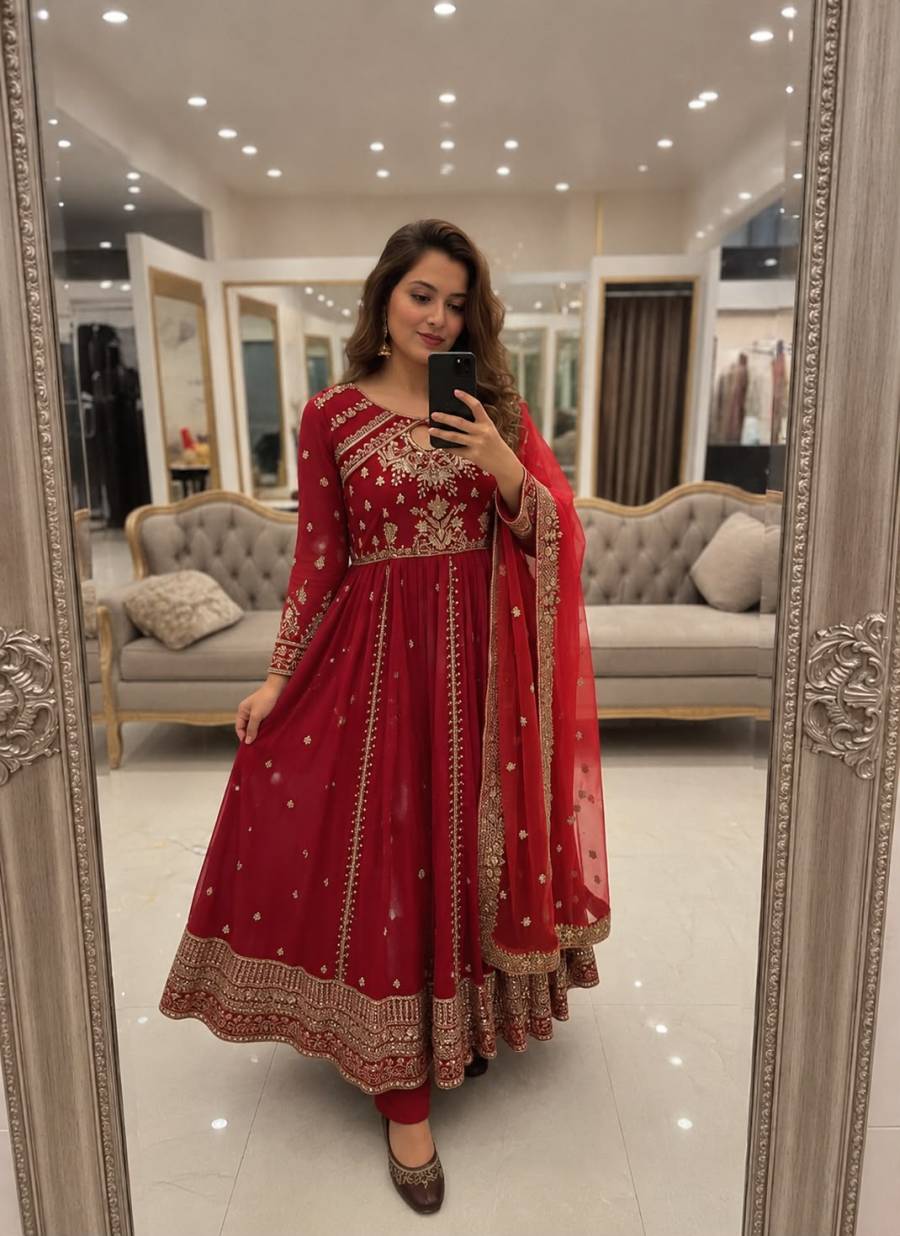 RICH LOOK GEORGETTE SEQUENCE AND ZARI WORK WITH FANCY LACE WORK GOWN BOTTOM WITH DUPATTA FESTIVE WEAR WHOLESALE PRICE ETHNIC GARMENT (6)