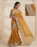 RICH LOOK GOLD CRUSH SEQUENCE WITH GOLD ZARI THREAD EMBROIDERY AND MULTI THREAD BUTTA ARCO BORDER WORK SAREE WITH UNSTITCHED BLOUSE WEDDING WEAR WHOLESALE PRICE ETHNIC GARMENT (7)
