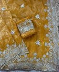 RICH LOOK GOLD CRUSH SEQUENCE WITH GOLD ZARI THREAD EMBROIDERY AND MULTI THREAD BUTTA ARCO BORDER WORK SAREE WITH UNSTITCHED BLOUSE WEDDING WEAR WHOLESALE PRICE ETHNIC GARMENT (7)