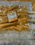 RICH LOOK GOLD CRUSH SEQUENCE WITH GOLD ZARI THREAD EMBROIDERY AND MULTI THREAD BUTTA ARCO BORDER WORK SAREE WITH UNSTITCHED BLOUSE WEDDING WEAR WHOLESALE PRICE ETHNIC GARMENT (7)
