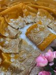 RICH LOOK GOLD CRUSH SEQUENCE WITH GOLD ZARI THREAD EMBROIDERY AND MULTI THREAD BUTTA ARCO BORDER WORK SAREE WITH UNSTITCHED BLOUSE WEDDING WEAR WHOLESALE PRICE ETHNIC GARMENT (7)