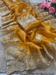 RICH LOOK GOLD CRUSH SEQUENCE WITH GOLD ZARI THREAD EMBROIDERY AND MULTI THREAD BUTTA ARCO BORDER WORK SAREE WITH UNSTITCHED BLOUSE WEDDING WEAR WHOLESALE PRICE ETHNIC GARMENT (7)