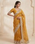 RICH LOOK GOLD CRUSH SEQUENCE WITH GOLD ZARI THREAD EMBROIDERY AND MULTI THREAD BUTTA ARCO BORDER WORK SAREE WITH UNSTITCHED BLOUSE YELLOW