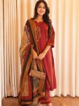 RICH LOOK JAIPURI COTTON BAGRU PRINT AND MIRROR WORK TOP BOTTOM WITH DUPATTA MAROON