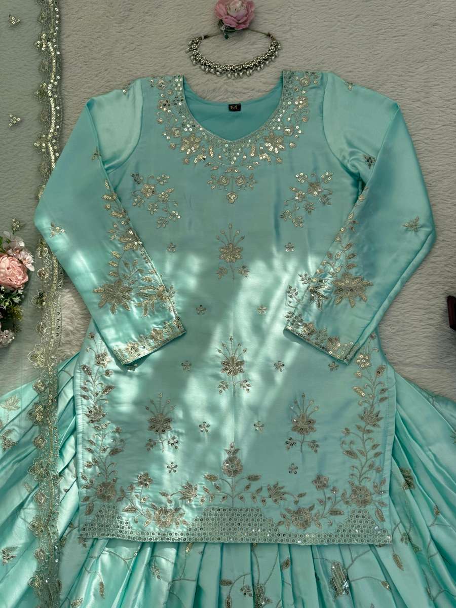 RICH LOOK JAPAN SATIN THRED WITH 5 MM SEQUNCE WORK TOP LEHENGA WITH DUPATTA WEDDING WEAR WHOLESALE PRICE ETHNIC GARMENT (11)