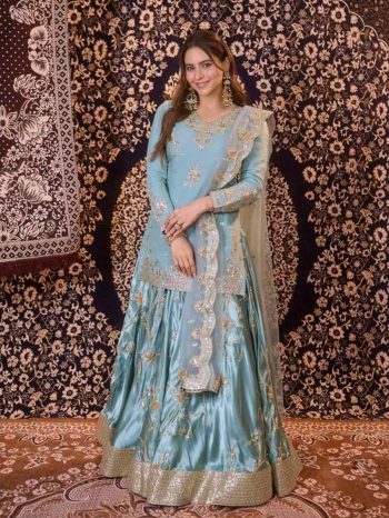 RICH LOOK JAPAN SATIN THRED WITH 5 MM SEQUNCE WORK TOP LEHENGA WITH DUPATTA SKY