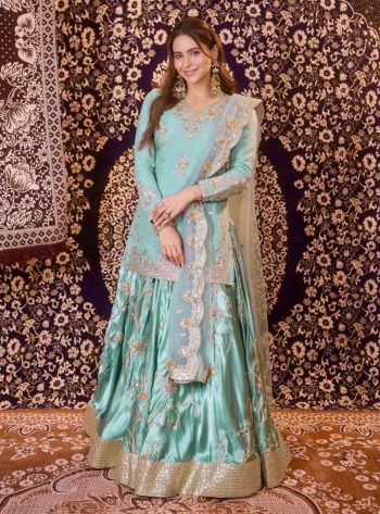 RICH LOOK JAPAN SATIN THRED WITH 5 MM SEQUNCE WORK TOP LEHENGA WITH DUPATTA SEA GREEN