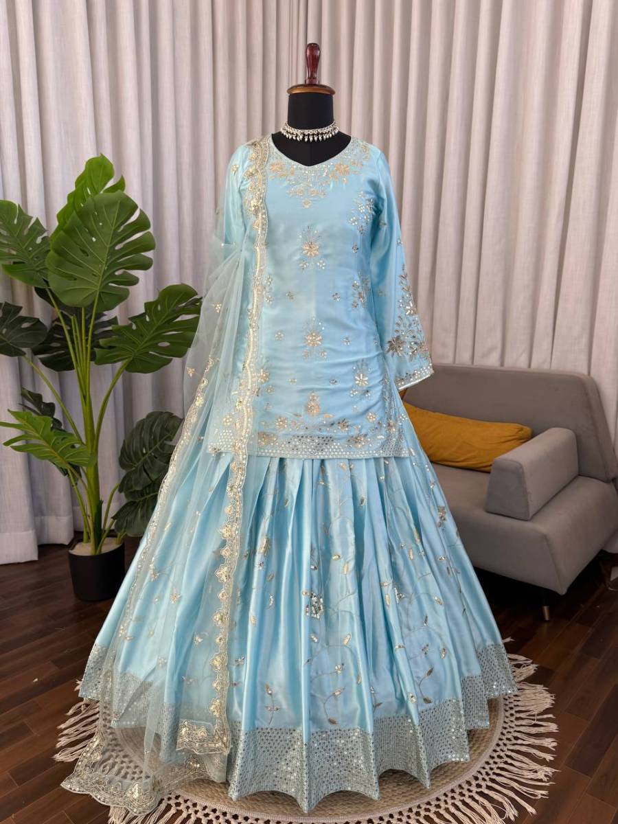 RICH LOOK JAPAN SATIN THRED WITH 5 MM SEQUNCE WORK TOP LEHENGA WITH DUPATTA WEDDING WEAR WHOLESALE PRICE ETHNIC GARMENT (3)