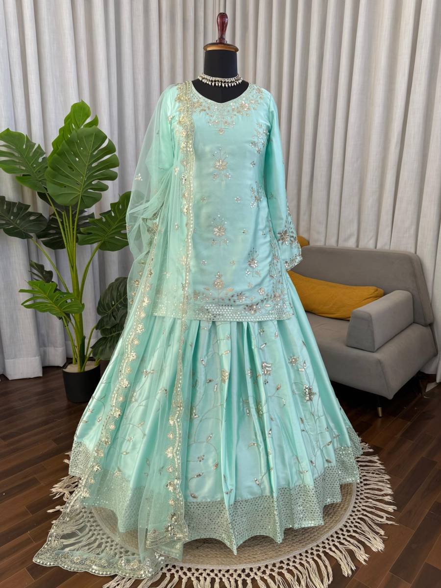 RICH LOOK JAPAN SATIN THRED WITH 5 MM SEQUNCE WORK TOP LEHENGA WITH DUPATTA WEDDING WEAR WHOLESALE PRICE ETHNIC GARMENT (3)