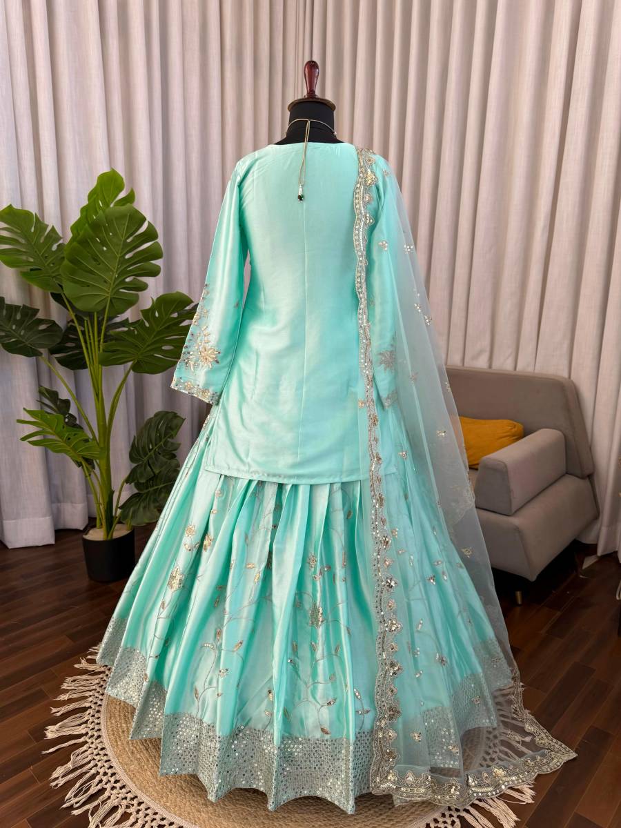 RICH LOOK JAPAN SATIN THRED WITH 5 MM SEQUNCE WORK TOP LEHENGA WITH DUPATTA WEDDING WEAR WHOLESALE PRICE ETHNIC GARMENT (5)