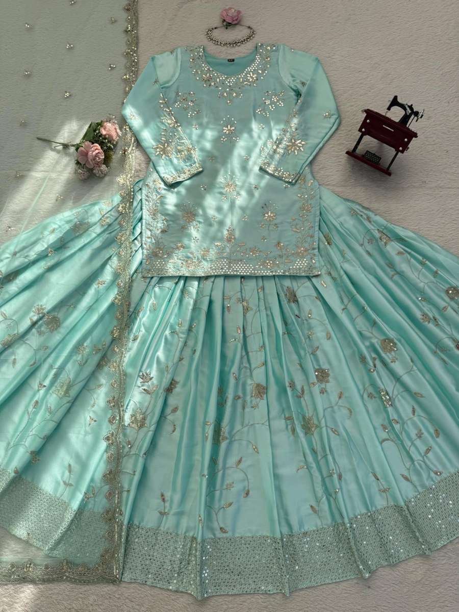 RICH LOOK JAPAN SATIN THRED WITH 5 MM SEQUNCE WORK TOP LEHENGA WITH DUPATTA WEDDING WEAR WHOLESALE PRICE ETHNIC GARMENT (8)