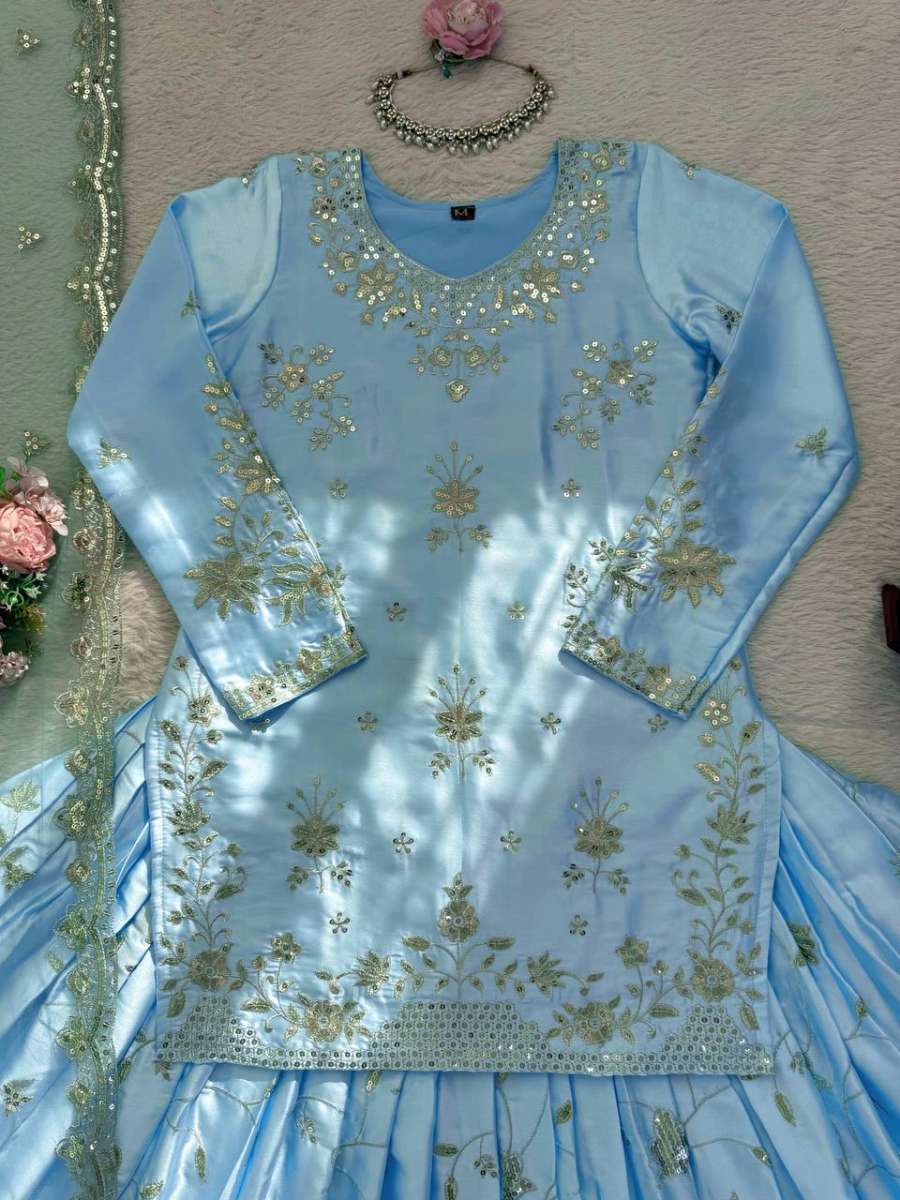 RICH LOOK JAPAN SATIN THRED WITH 5 MM SEQUNCE WORK TOP LEHENGA WITH DUPATTA WEDDING WEAR WHOLESALE PRICE ETHNIC GARMENT (9)