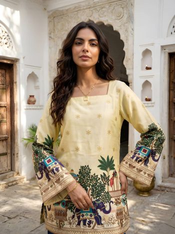 RICH LOOK KALAMKARI PRINT WORK TUNIC TOP OFF WHITE