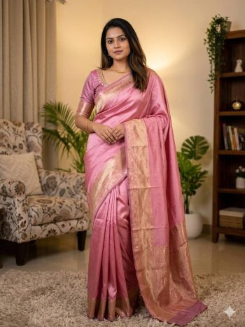 RICH LOOK LICHI SILK WEAVING WORK SAREE WITH UNSTITCHED BLOUSE PINK