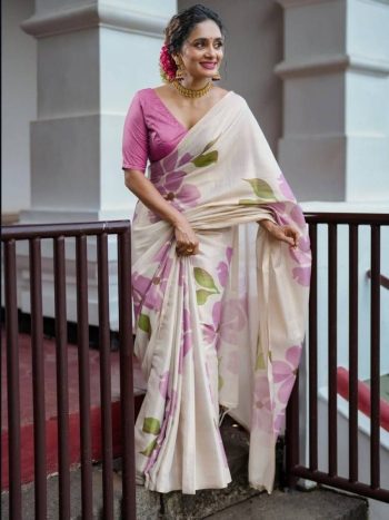 RICH LOOK LINEN TISSUE SILK PRINT WORK SAREE WITH UNSTITCHED BLOUSE OFF WHITE AND PURPLE