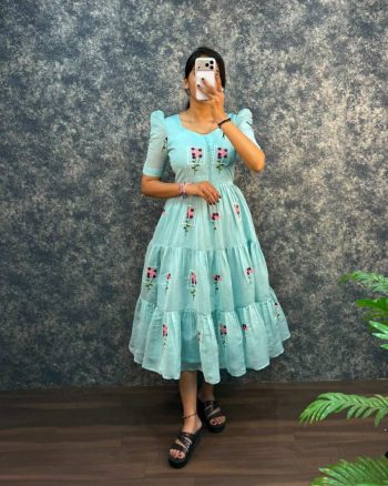 RICH LOOK MUL COTTON EMBROIDERY WORK ONE PIECE MAXI DRESS SKY
