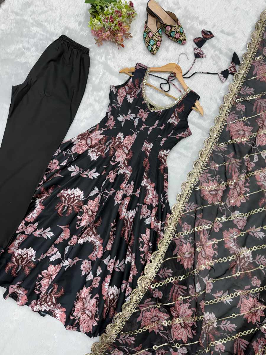 RICH LOOK MUSLIN FLORAL PRINT WORK GOWN BOTTOM WITH DUPATTA SEASONABLE WEAR WHOLESALE PRICE ETHNIC GARMENT (20)