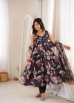 RICH LOOK MUSLIN FLORAL PRINT WORK GOWN BOTTOM WITH DUPATTA BLACK