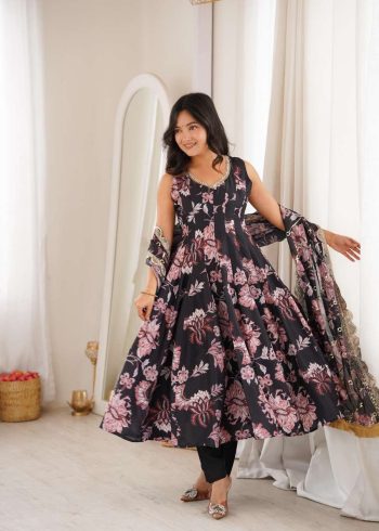 RICH LOOK MUSLIN FLORAL PRINT WORK GOWN BOTTOM WITH DUPATTA BLACK