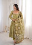 RICH LOOK MUSLIN PRINTED WITH MIRROR LACE WORK GOWN BOTTOM WITH DUPATTA GREEN