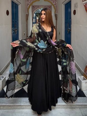 RICH LOOK NATURAL CREPE PLAIN GOWN BOTTOM WITH BRUSH PRINT WITH THREAD WITH SEQUENCE WORK DUPATTA BLACK