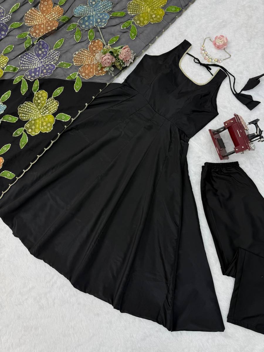 RICH LOOK NATURAL CREPE PLAIN GOWN BOTTOM WITH BRUSH PRINT WITH THREAD WITH SEQUENCE WORK DUPATTA FESTIVE WEAR WHOLESALE PRICE ETHNIC GARMENT (8)