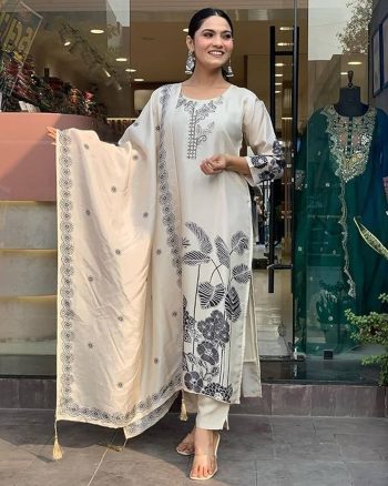 RICH LOOK RAYON DIGITAL PRINT WORK TOP BOTTOM WITH DUPATTA OFF WHITE