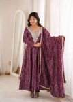 RICH LOOK RAYON MIRROR EMBROIDERY WORK GOWN BOTTOM WITH DUPATTA WINE
