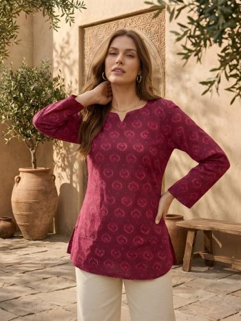 RICH LOOK RAYON PRINTED WORK TOP MAROON