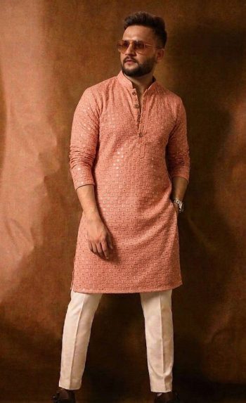 RICH LOOK RAYON THREAD SEQUENCE WORK MEN'S KURTA PAYJAMA PEACH