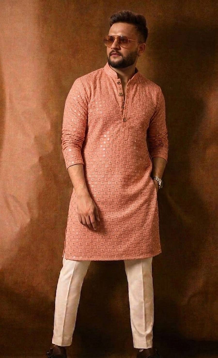 RICH LOOK RAYON THREAD SEQUENCE WORK MEN'S KURTA PAYJAMA FESTIVE WEAR WHOLESALE PRICE ETHNIC GARMENT (1)