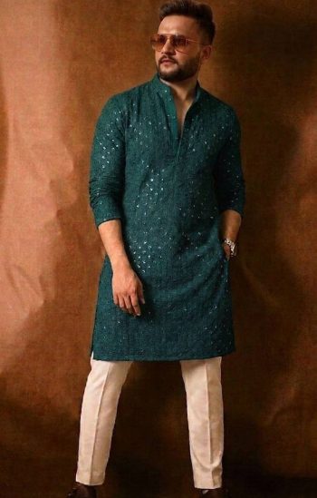 RICH LOOK RAYON THREAD SEQUENCE WORK MEN'S KURTA PAYJAMA MORPICH