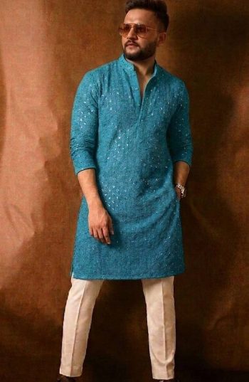 RICH LOOK RAYON THREAD SEQUENCE WORK MEN'S KURTA PAYJAMA SKY