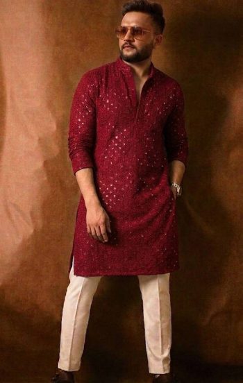 RICH LOOK RAYON THREAD SEQUENCE WORK MEN'S KURTA PAYJAMA RED